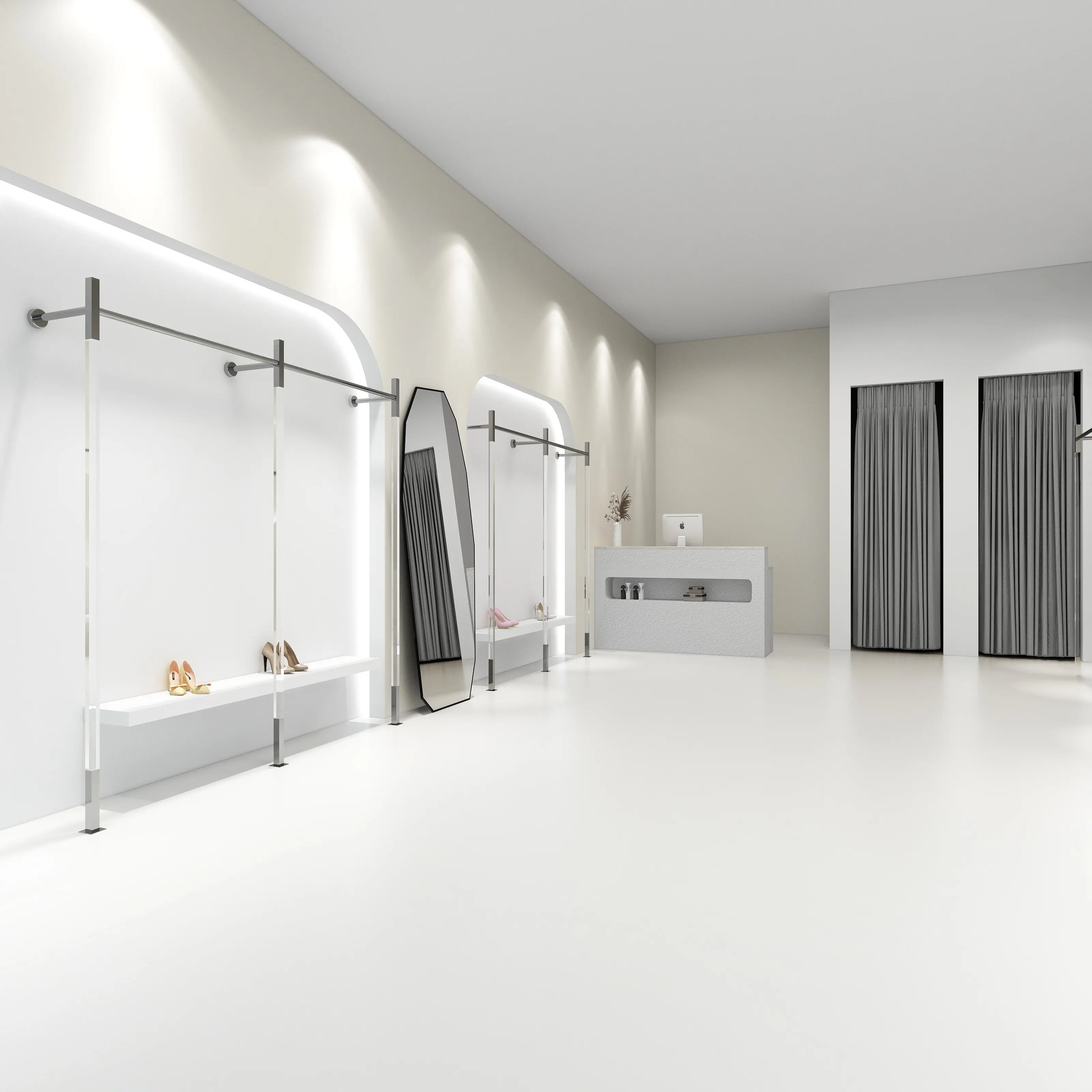 

Стеллаж для демонстрации одежды из прозрачного акрила, стеллаж для демонстрации женской одежды из нержавеющей стали с матовой серебристой отделкой, настенный, на заказ.