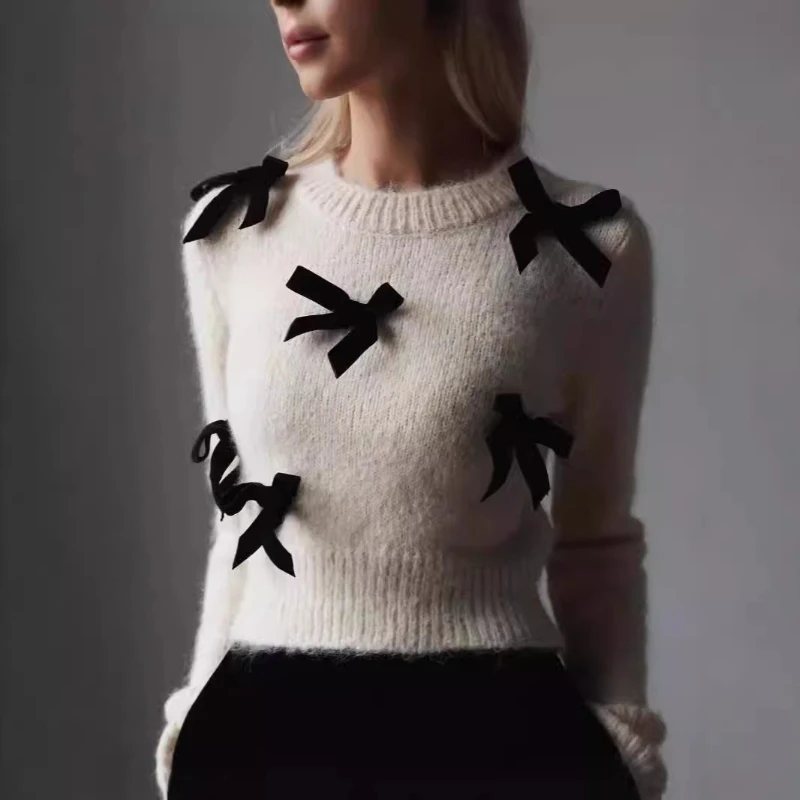

TARUXY Bow Knit Sweater Women's Solid Leisure Round Neck Long Sleeve Slim Fit Pullover Sweater Autumn Winter Commuting Clothing