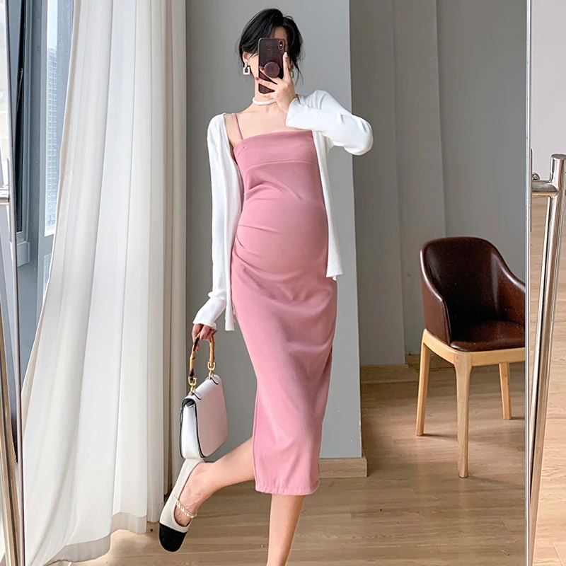 

Summer Maternity Sexy Dress Solid Color Square Collar Strap Dress Slim Hips Pregnant Woman Club Clothes Pregnancy Cotton Dresses