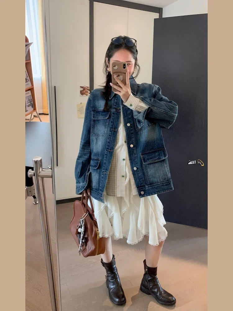 

Шикарное джинсовое джинсовое платье большого размера, женское свободное хлопковое пальто средней длины с несколькими карманами и длинным воротником-светом на пуговицах