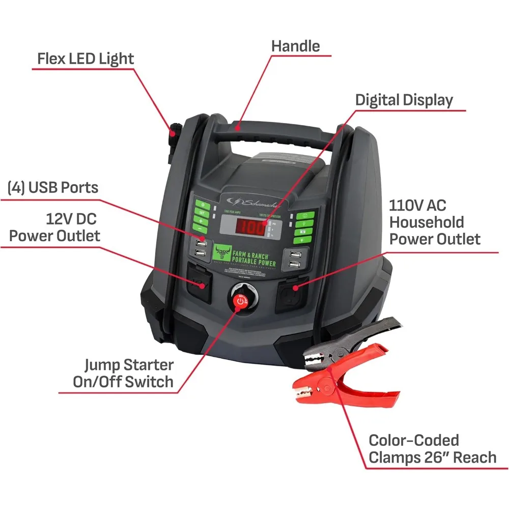 Schumacher Electric 1200A Jump Starter ومحطة طاقة محمولة للمزرعة والمزرعة، حل 5 في 1 لبطاريات 12 فولت