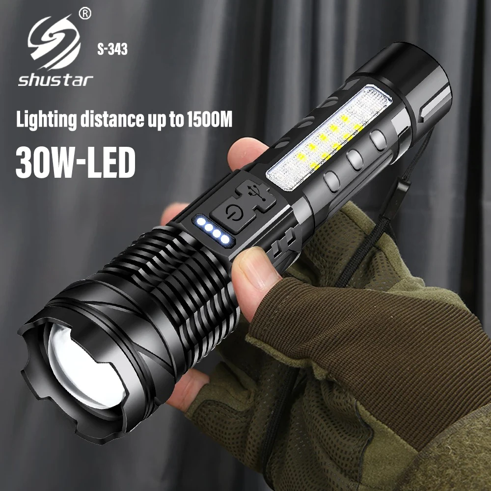 Super Bright LED Flashlight, Rechargeable Torch with High Brightness Sidelight, Using 30W White Laser Cartridge