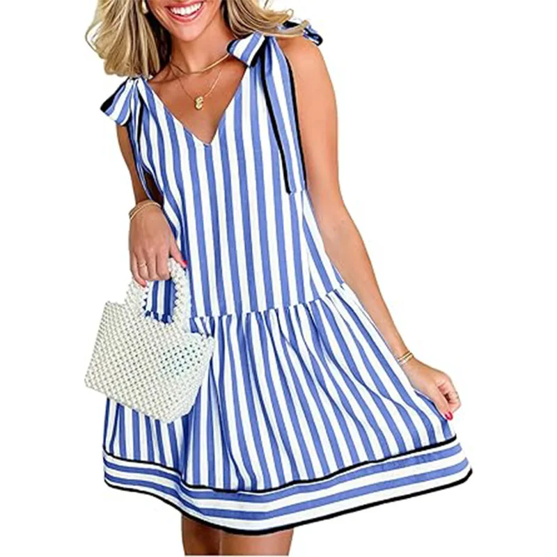 Dames à la mode col en v à lacets jupe courte a-ligne jupe rayé robe imprimée été décontracté épaule à lacets robe
