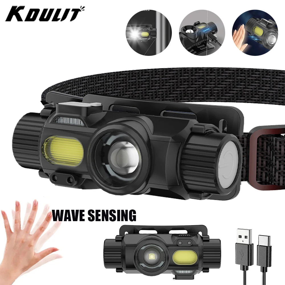 COB LED Sensor Headlamp Rechargeable Head Flashlight with Built-in Battery Head Torch Camping Search Light for Fishing Lantern