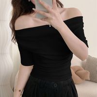 One-length Slim Fit Pure Desire Mid-sleeved T-shirt for Women Off-shoulder Top Base Shirt Versatile Spring