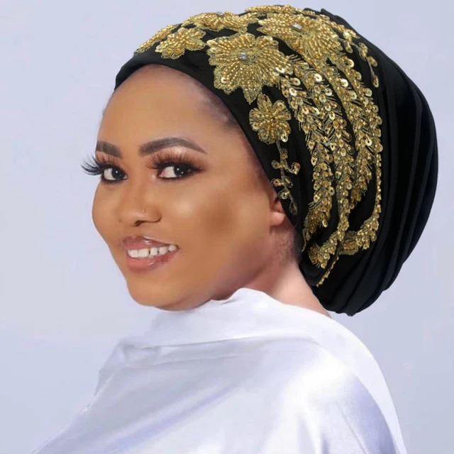 Luksusowy haft frezowanie plisowany turban czapka dla kobiet afrykańska kobieta owinięta głowa Bonnet muzułmański turban kapelusz Lady Head Wraps