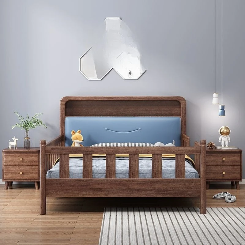 Solid wood children's bed, light luxury small apartment walnut guardrail splicing plus broadband warm bed