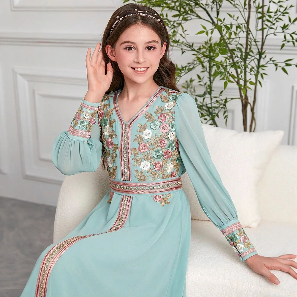 

Morocco Muslim Kids Girls Embroidery Chiffon Maxi Dress Robe Ramadan Islamic Clothing Arabic Abaya Turkey Children Party Gown