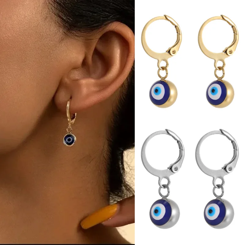 Stainless Steel Gold Plated White Blue Turkish Evil Eyes Small Retro Simple Drop Earrings Necklace Set Round Hoop Earrings