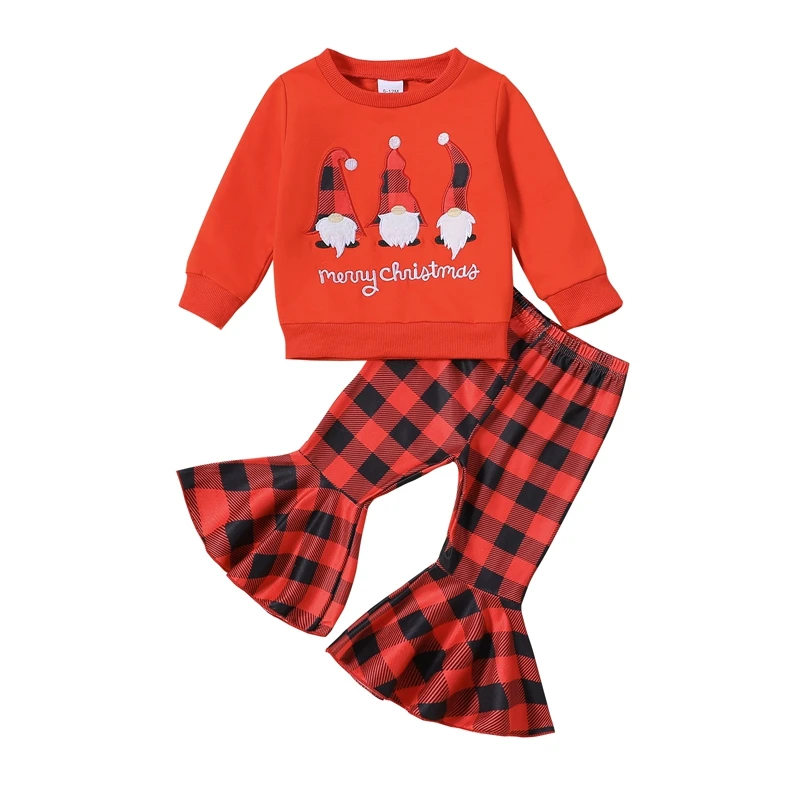 Little Girl Christmas Outfit Faceless Dwarf Letter Embroidery Long Sleeve Sweatshirt Plaid Flare Pants 2 Piece Set