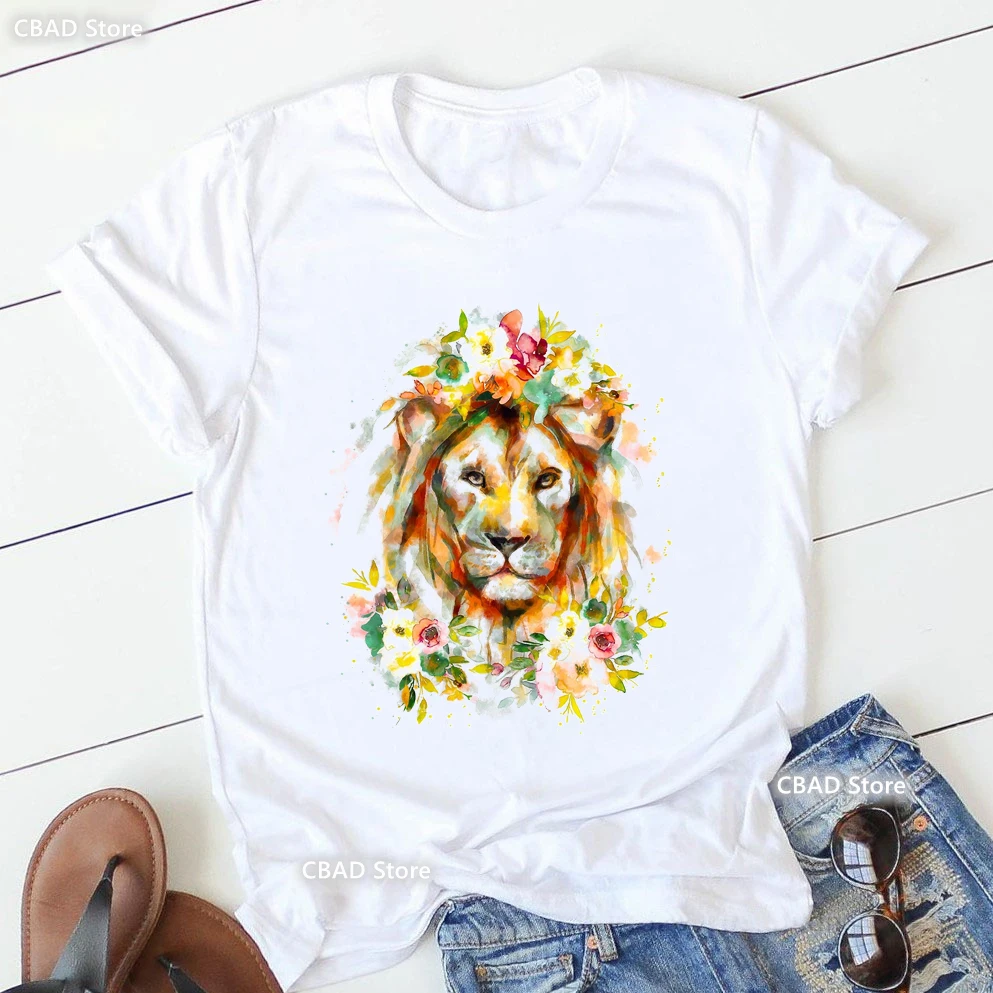 

Colorful Lion/Giraffe/Zebra/Cat/Bird/Cow Flowers Print T Shirt Women Summer Fashion Tops Tee Shirt Femme Harajuku Shirt