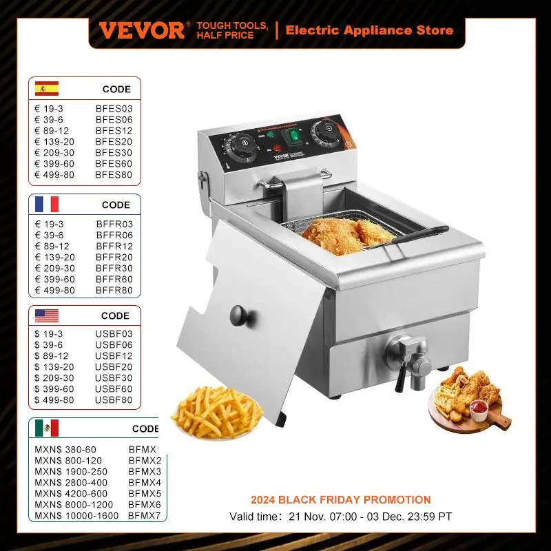 VEVOR Commercial Deep Fryer Electric Countertop Fryer with Basket 11.6Qt Stainless Steel Single Oil Fryer w/Time & Temp Control