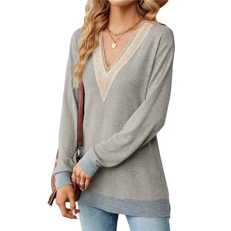 AEF6-Womens Fall Tops V-Neck Lace Long Sleeve Loose Fit Tops Color Block Trim Fashion 2025