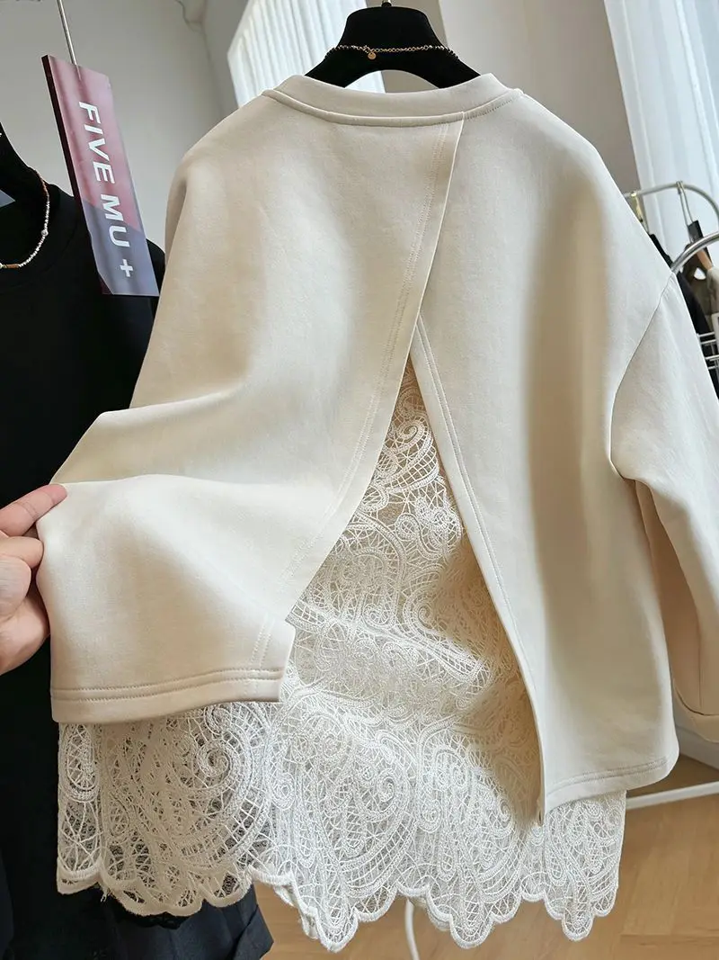 New Style Lace Splicing Fake Two-piece Pullover O Neck Sweatshirt For Women Spring Autumn Loose Top Fashion Casual Solid Hoodie