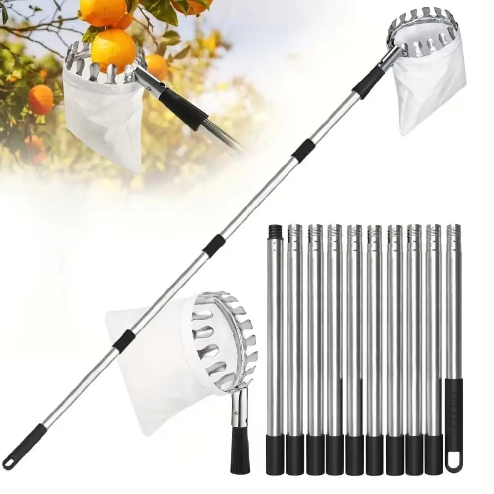 Stainless Steel Fruit Picker Machine High Tree Telescopic Orchard Tools Harvesting with Basket Stainless Steel Splicing Rod