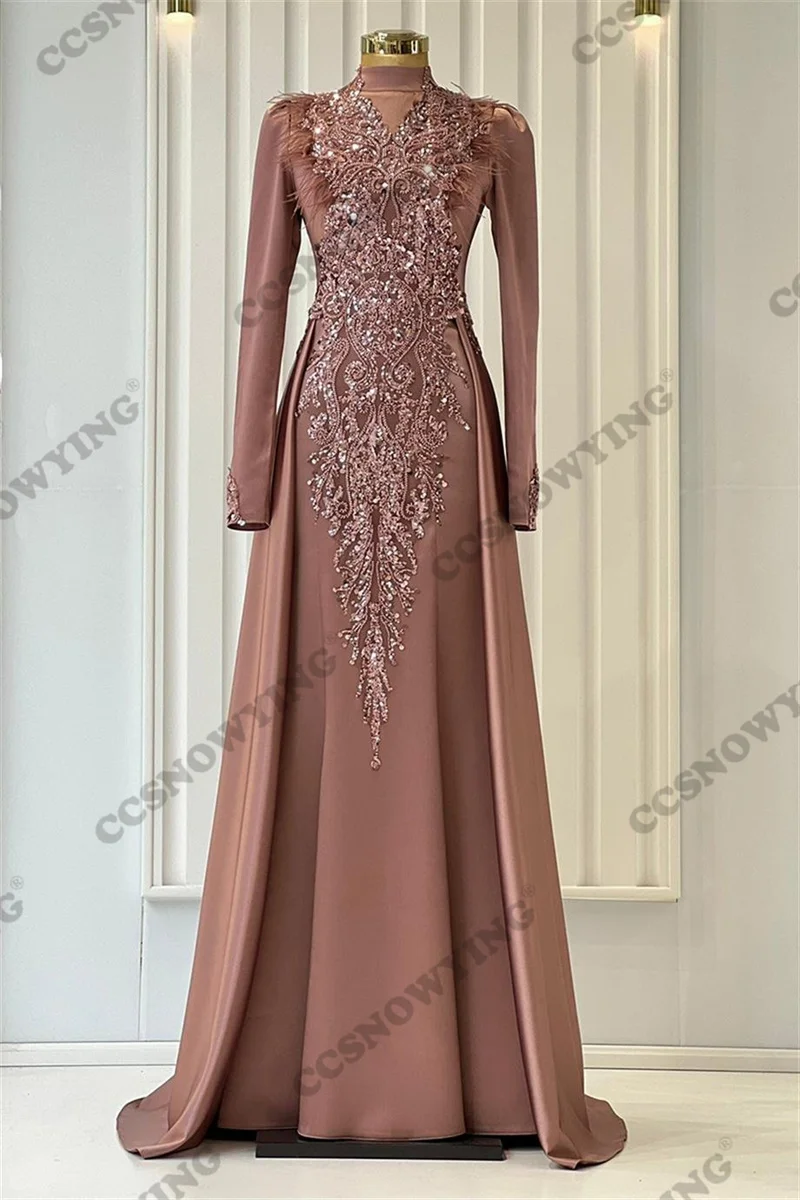 Luxury Appliques High Neck  Long Sleeve Muslim Evening  Dresses  Formal Party  Hijab Women Arabic Kaftan Robe