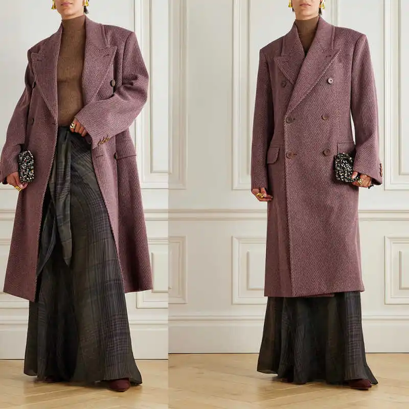 

Hot Sales Plaid Women's Coat Wool Blend Double Breasted Peaked Lapel Long Overcoat Autumn Winter New Lady Streetwear