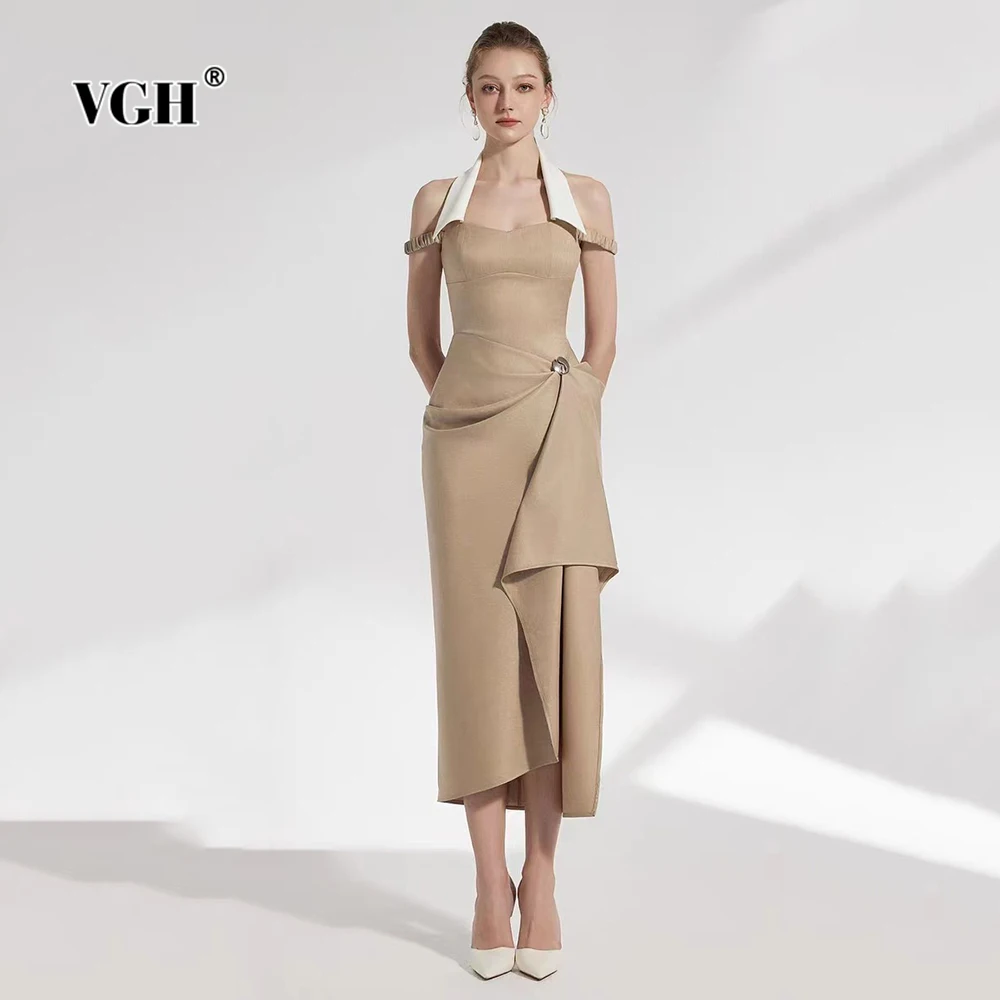 

VGH Designer Slimming Spliced Folds Hit Color Dresses For Women Square Collar Sleeveless High Waist Elegant Dress Female Style
