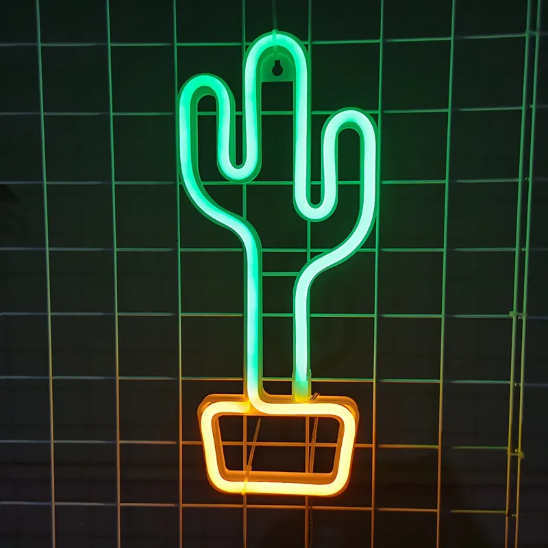 LED Potted Cactus Neon Sign Lights For Bedroom Wall Battery USB Night Lamp Birthday Gift Home Holiday Christmas Party Room Decor