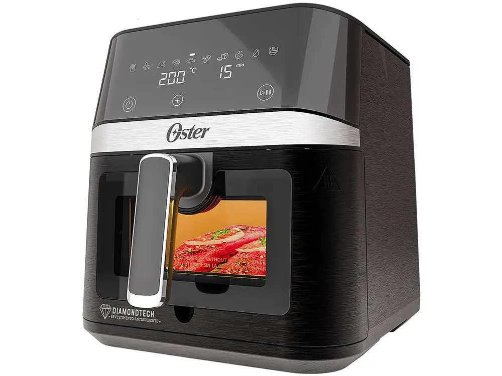 Oster Diamond dtech-freidora de aire eléctrica sin aceite, negra y plateada con temporizador, 6L - 110V