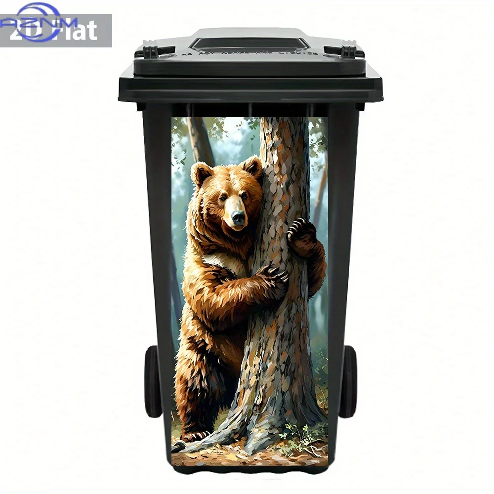 Sticker of a 2D Flat Brown Bear Embracing a Tree Trash Can - Made of PVC, Adhesive And Removable - Perfect for Nature-Themed H