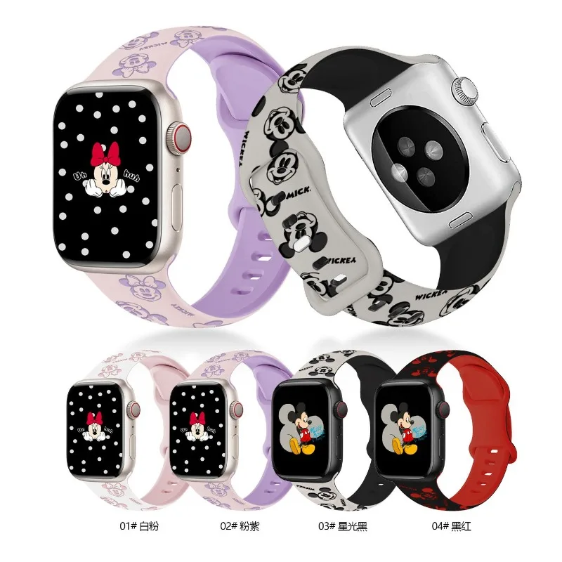 Tali Silikon Terukir Mickey Mouse Kartun Disney untuk Gelang Apple IWatch S10/1-9 Hadiah Liburan Mode Pribadi