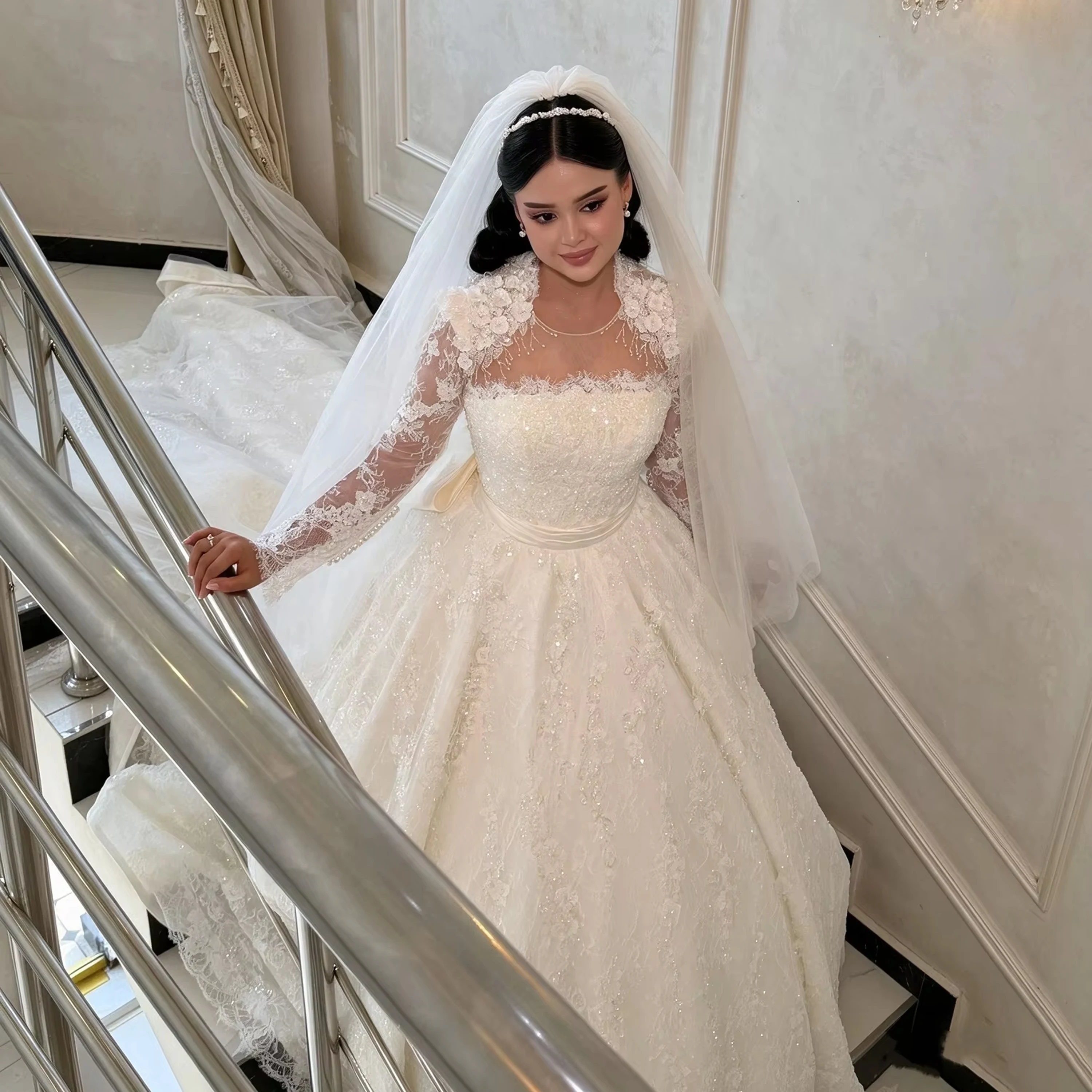 3D Floral Lace Wedding Dresses Sheer Neck Beaded Sparkly Tulle Big Bow Back Cathedral Train Bridal Gown For Bride Customized