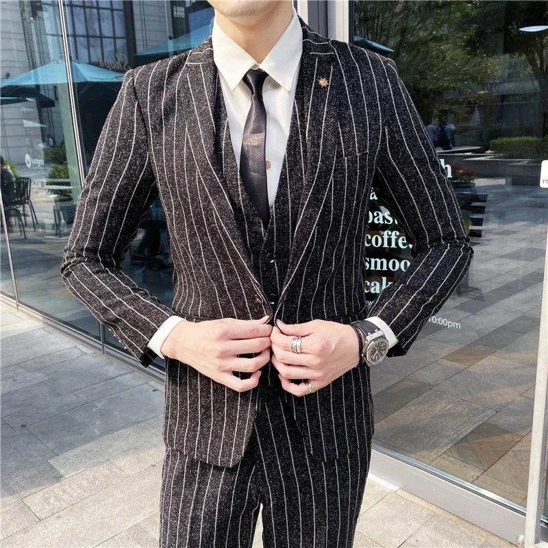 Boutique (Blazer + Vest + Trousers) Fashion Business Casual Gentleman Men\'s Italian Style Elegant Striped Slim Fit 3-Piece Set