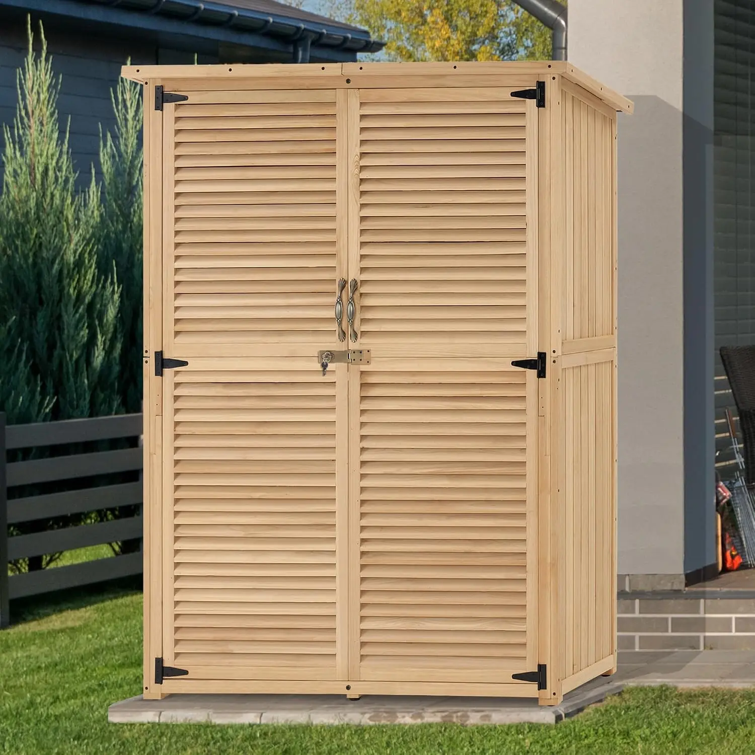 Outdoor Wooden Storage Cabinet, Garden Tool Shed with Latch, Outside Tools Wood Cabinet with Double Doors for Patio