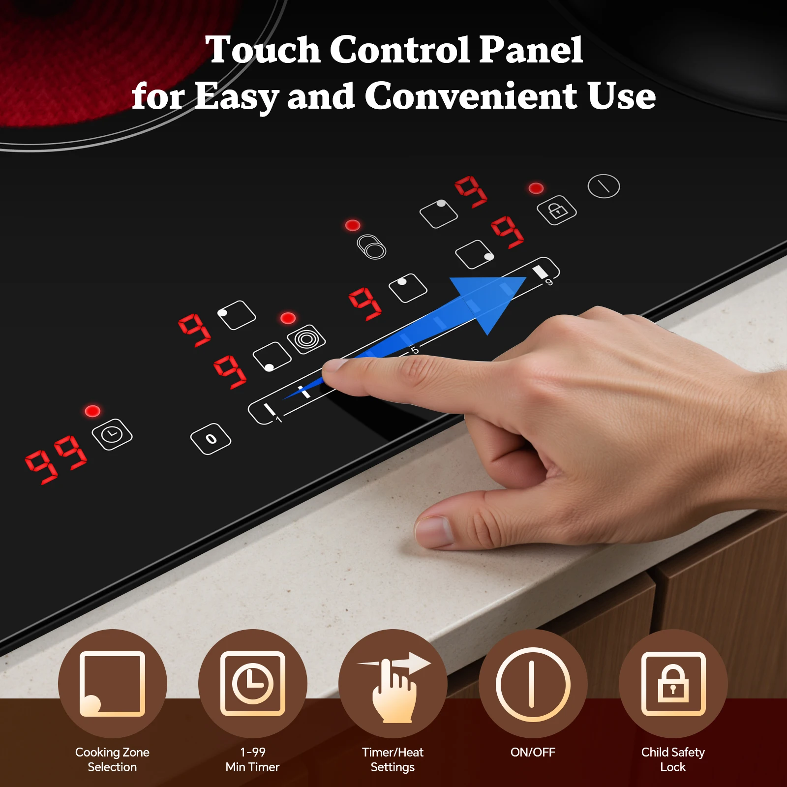 KICHPOWER 77 سم 5-Zone موقد سيراميك كهربائي 8500 وات مع تحكم باللمس وقفل أمان #6