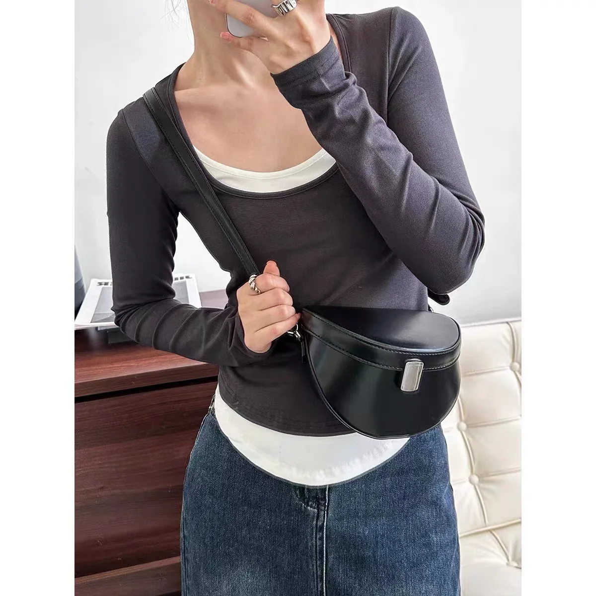 [Taobao subsidizes live streaming with billions of yuan]Fake Two Autumn Women's T-shirt Top Bottom Long Sleeve Slim Fit