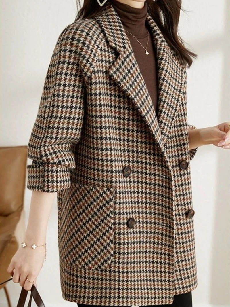 Prendas de abrigo holgadas de Tweed a cuadros para mujer, chaqueta de invierno de lana y mezcla a cuadros, traje clásico para mujer, prendas de vestir exteriores de estilo coreano