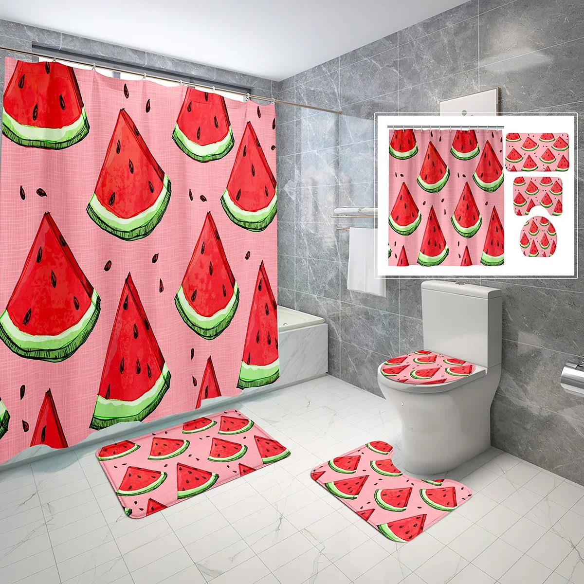 

4 PCS Watermelon Shower Curtain Sets,Cartoon Summer Fruit Bathroom Waterproof Bath Curtain,Non-Slip Bath Mat Toilet Cover Set