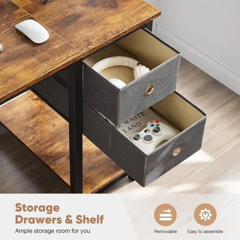 DUMOS Computer Desk with Drawers 48 Inch Office Bedroom Kids Writing Work Study 2-Tier Storage Drawers & Shelf Simple Modern