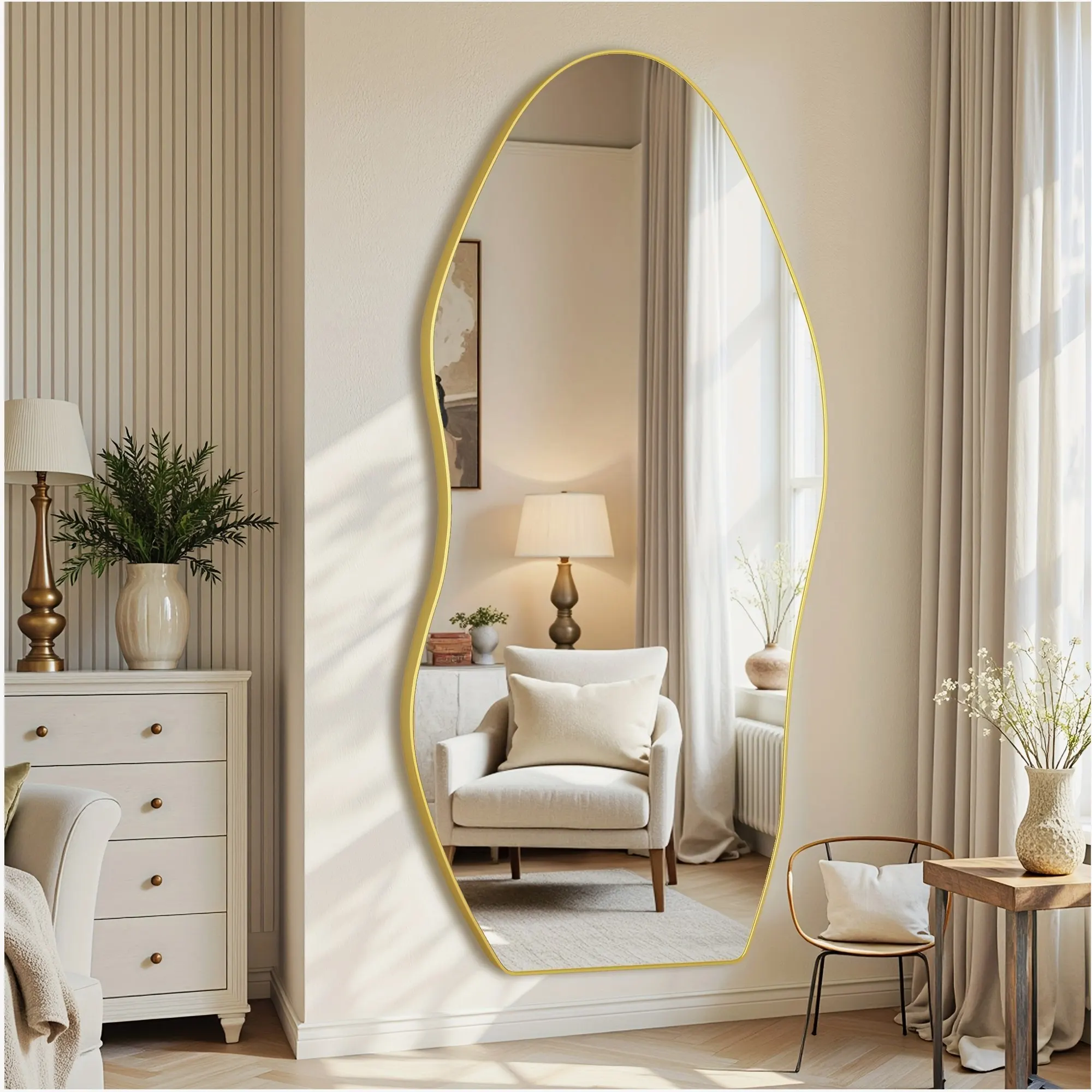 Full-Length Floor Mirror with Wavy Silhouette – 76×36 in or 81×41 in Adjustable Height Stand, Brushed Metallic Frame & Clear Tempered Glass Surface for Bedroom, Living Room or Entryway Decor