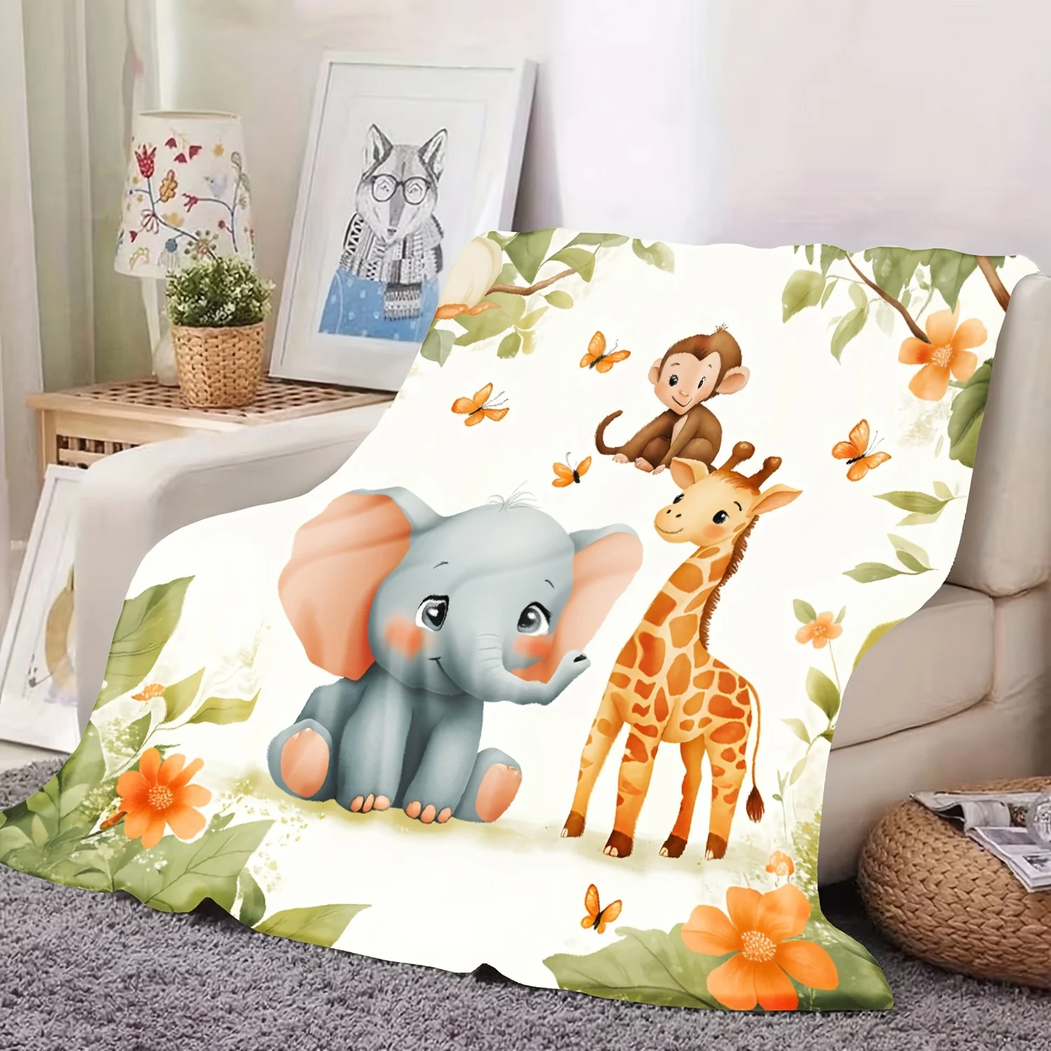 Cute Safari Jungle Animal Throw Blanket for Kids Nursery Decor Elephant Giraffe Monkey Print Polyester Cozy Toddler Bed Throw
