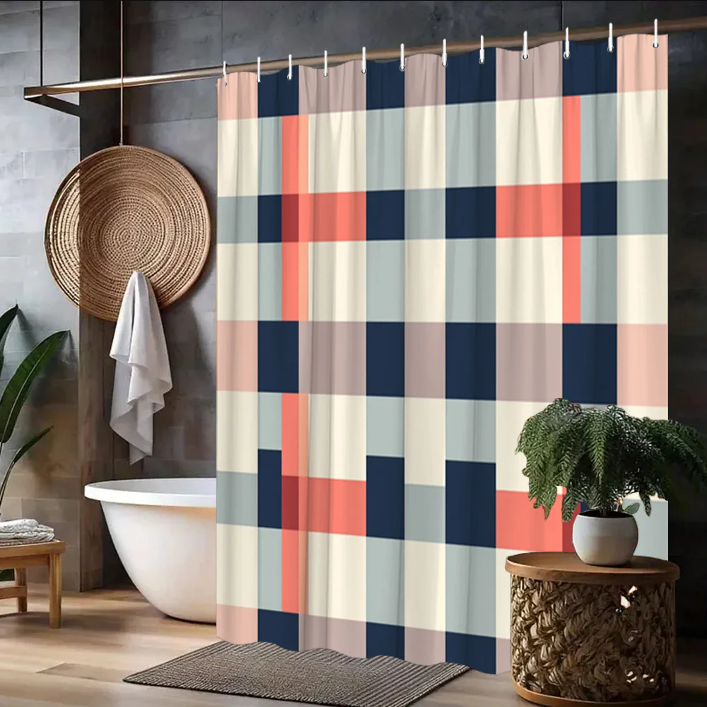 Color Block Plaid Shower Curtain Navy, Coral & Beige Grid Design, Modern Minimalist Pattern for Contemporary Bathroom Decor