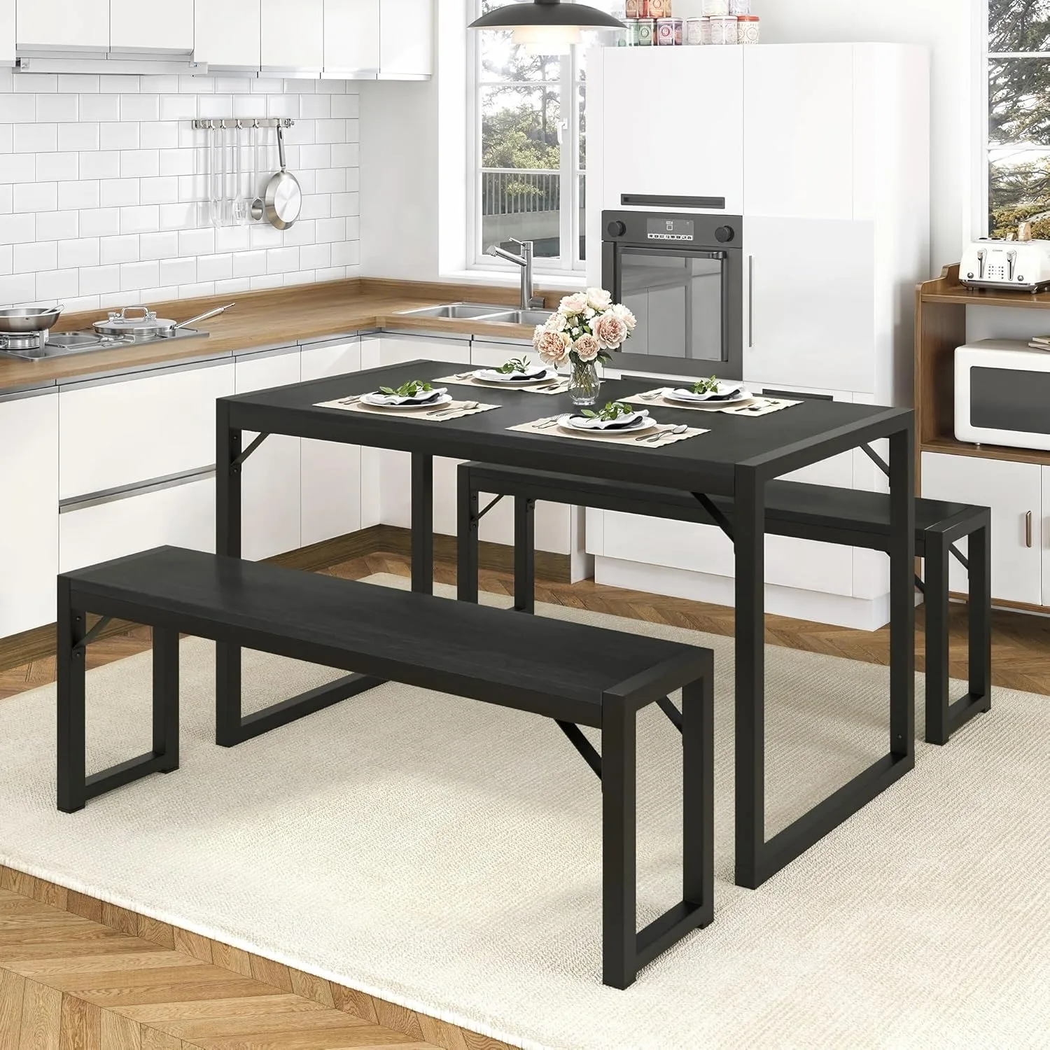 3-Piece Kitchen Dining Table Sets with Benches, Sturdy Triangle Structure, Space-Saving, Multifunctional for Dining Room