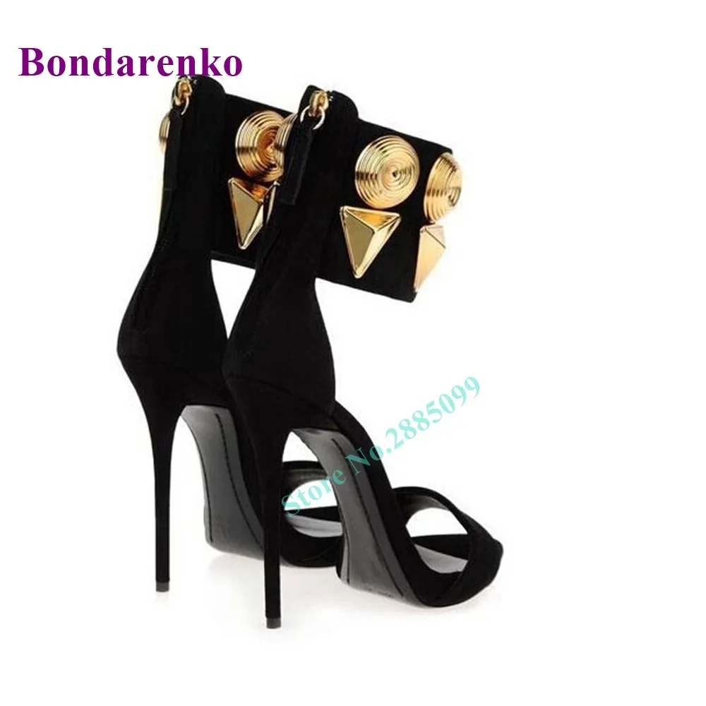 New Metal Rivet Suede Sandals Women Shoes Open Toe Hollow Ankle Straps Sandals Stiletto Heel Back Zipper Solid Summer Party Shoe