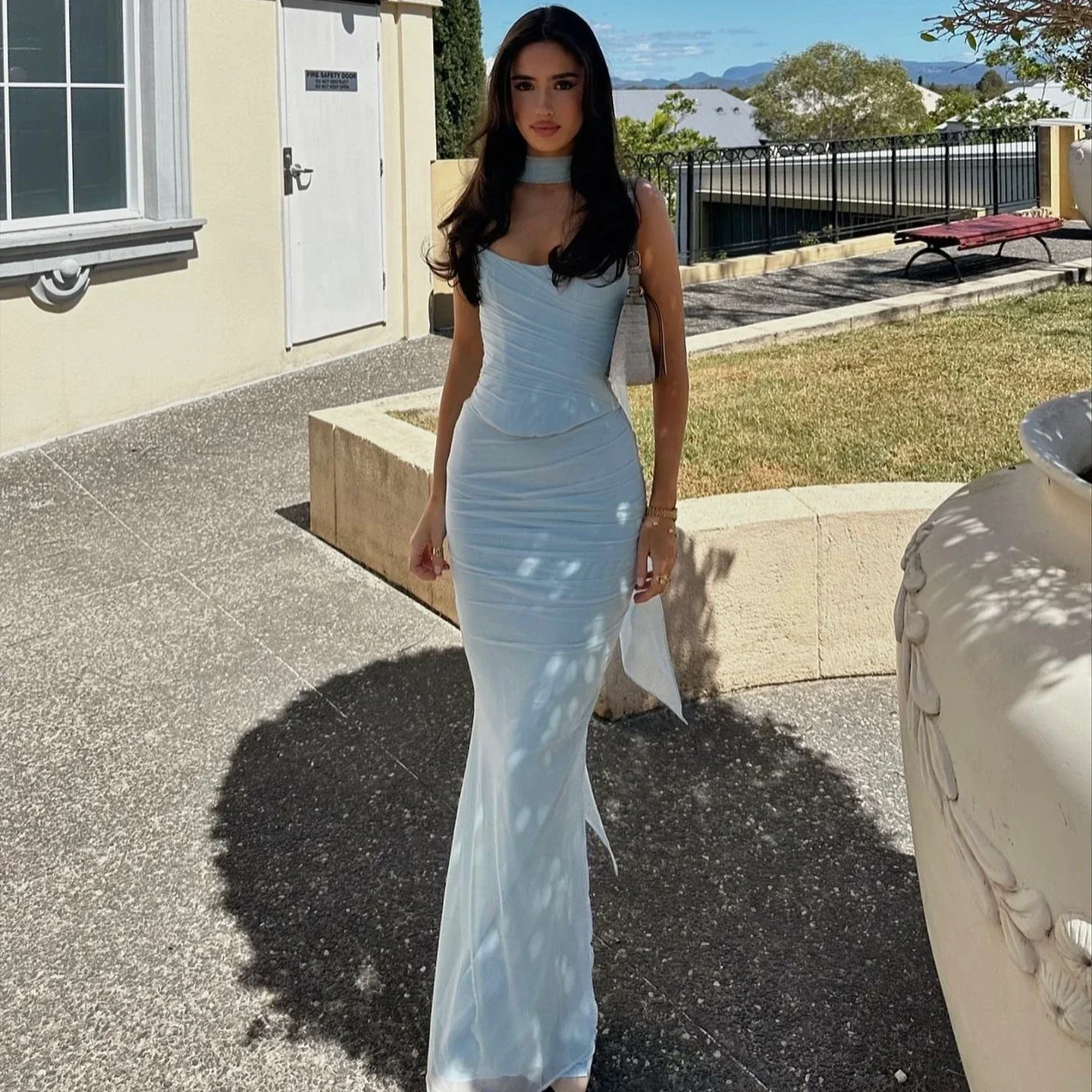 

2025 Fashionable Elegant Maxi Wedding Guest Dress Set Sexy Strapless Blue Cropped Top Set Bodycon Holiday Party Dresses Women