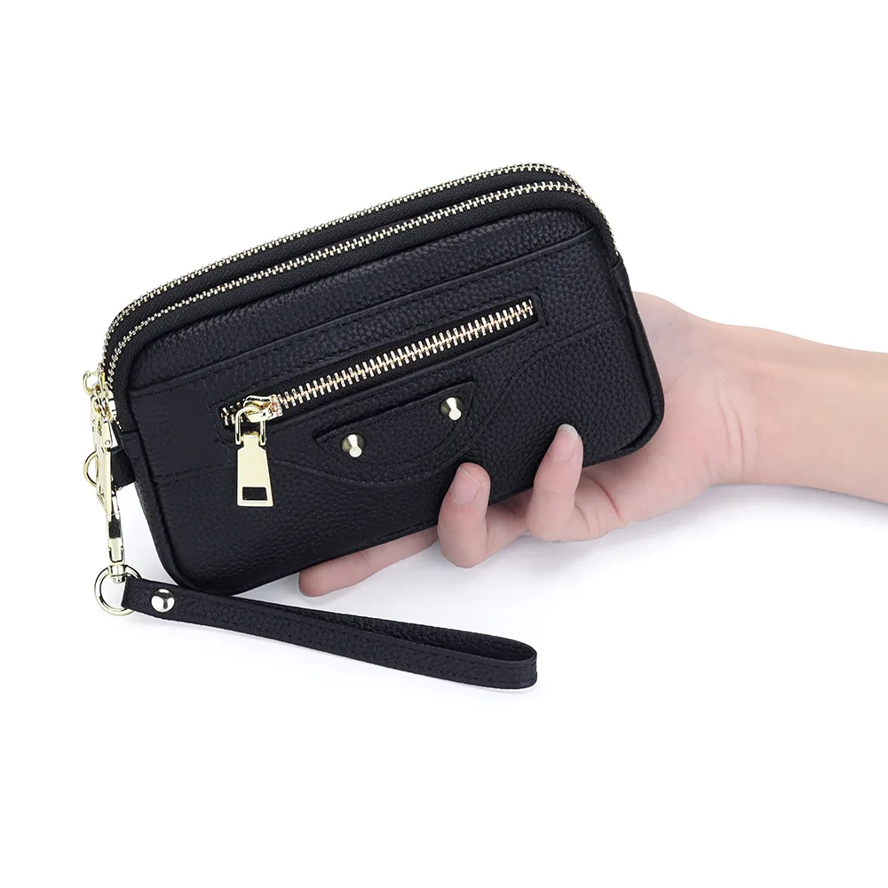 

Luxury Long Wallets for Woman Genuine Leather Handbag Zipper Clutch Bag Wristlet Phone Pouch Coin Purse Money Card Holder Wallet