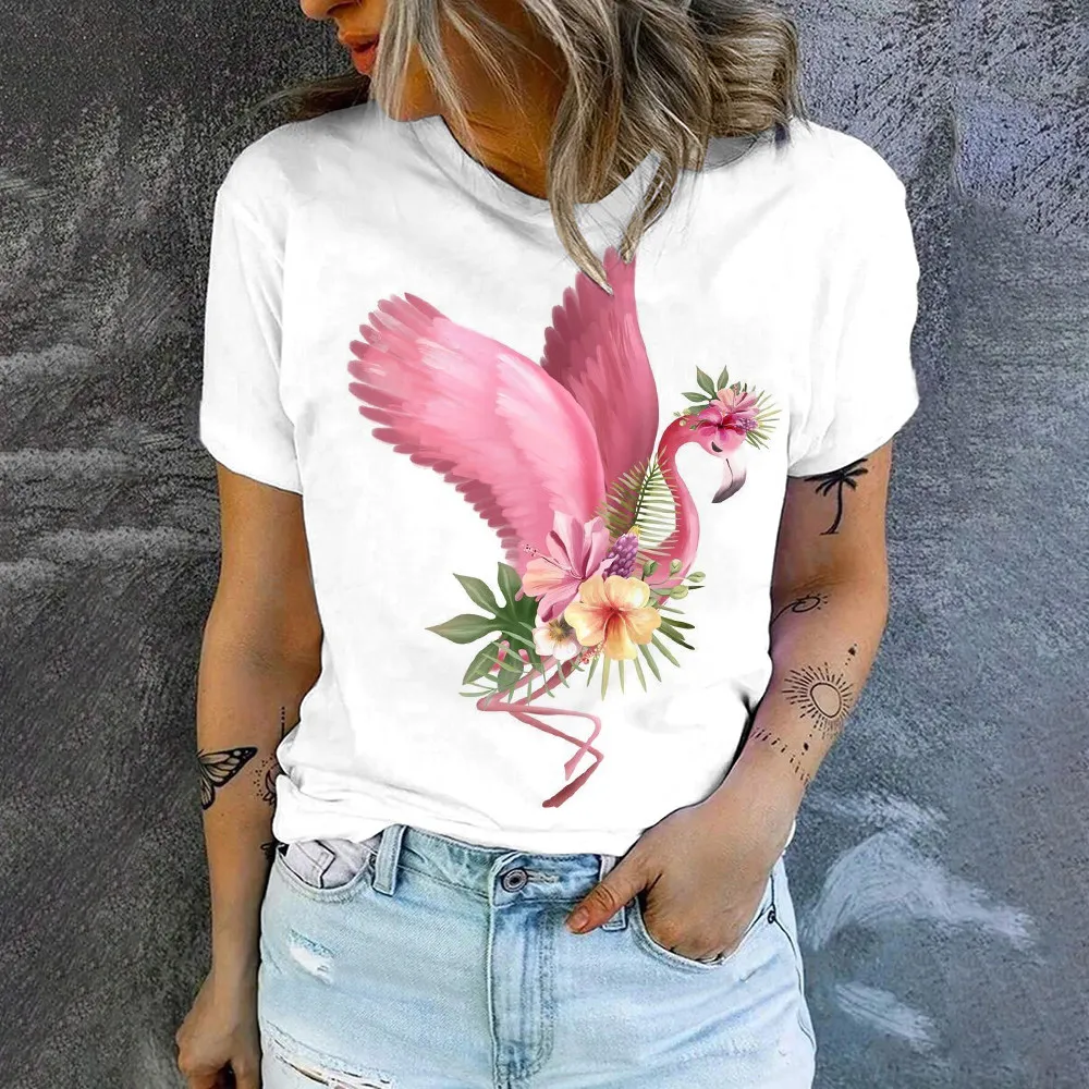 High Quality Daily Casual Simple Short Sleeve Summer New Flamingos Print Loose T-shirt Women's Street Fashion Crewneck T-shirt