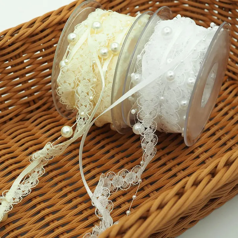 

5M/Roll Imitation Pearl Bead Ribbon Lace Pearl String Satin Ribbon Lace Ribbon for DIY Craft Wedding Flower Christmas Tree Decor