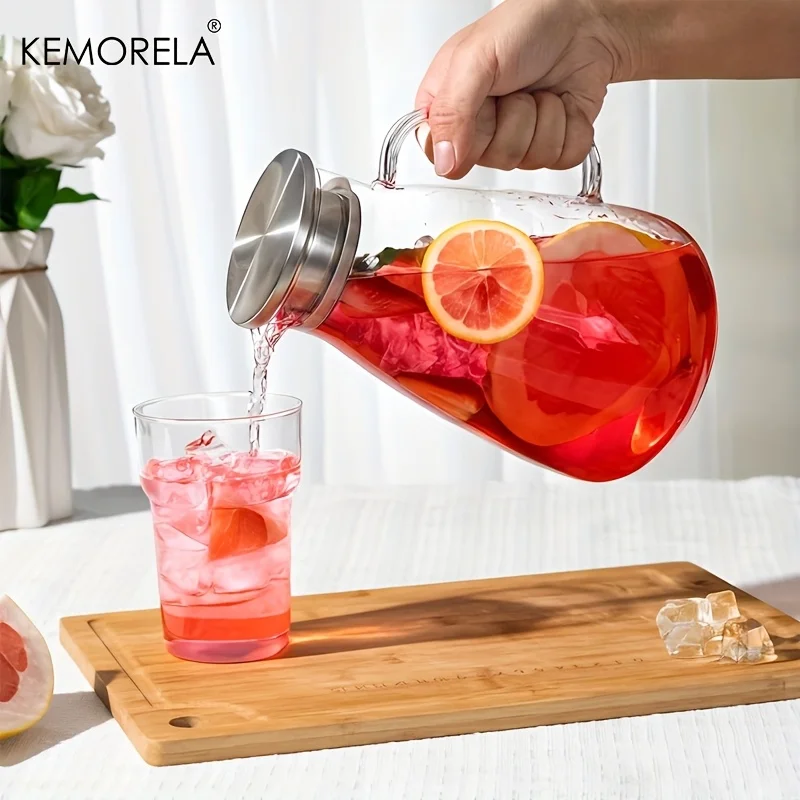 2L Glass Pitcher With Lid - Sturdy Handle Base For Iced Tea Coffee Juice & Homemade Drinks Hot/Cold Resistant Dishwasher_maomaolike.com