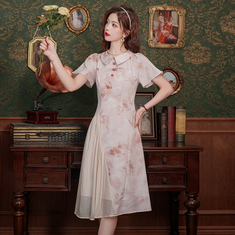 Neue chinesische Sle Kragen gedruckt A-Linie Dr Frauen Sommer 2024 hohe Taille Plissee Kleid Ele Dame Rock