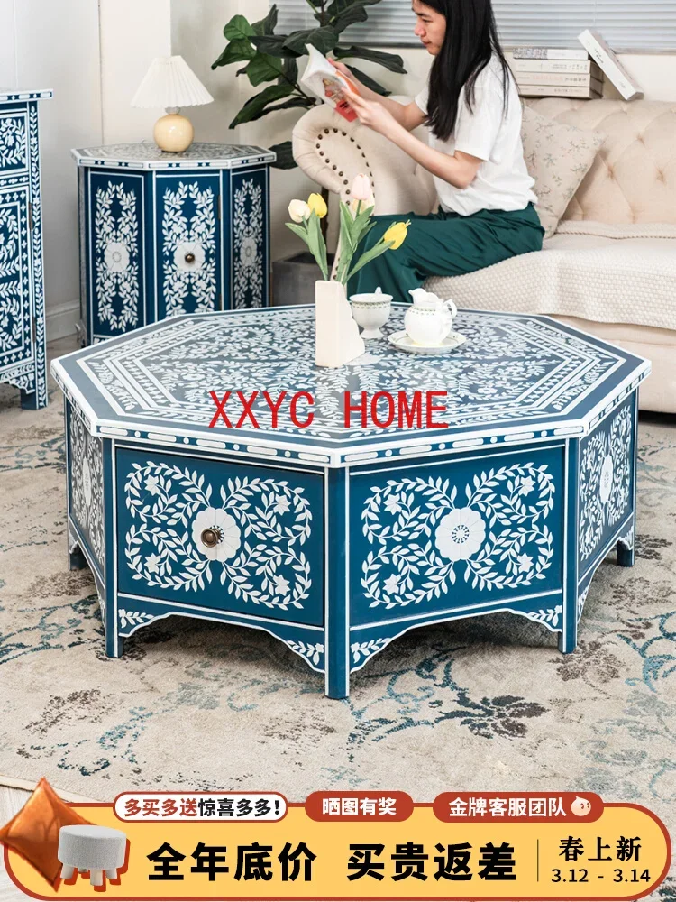 Light Luxury Mid-Ancient Solid Wood Living Room Coffee Table Art Octagonal Table Art Pattern Small Apartment Low Table Retro