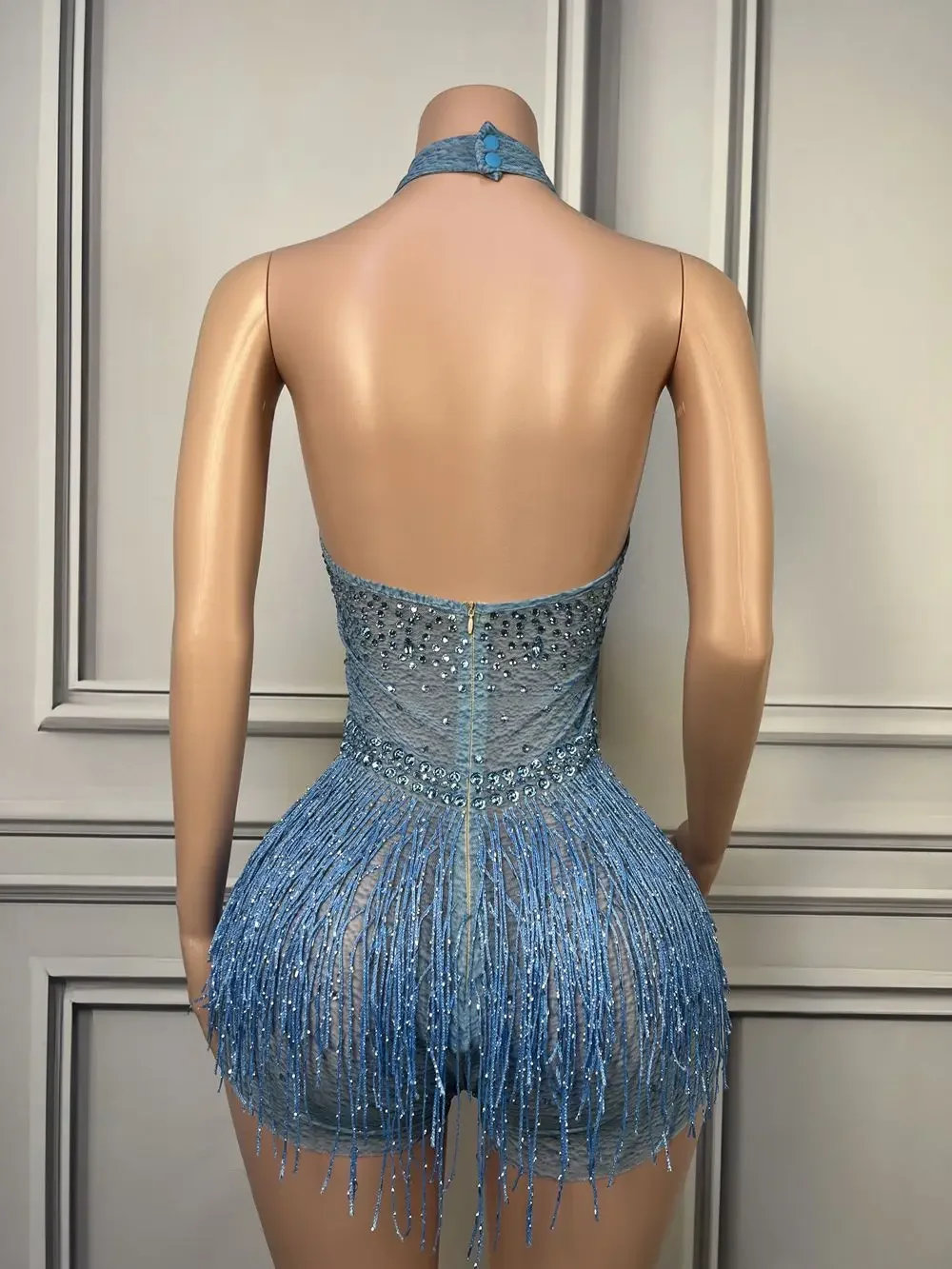 Strass cintilante borla bodysuit feminino, sexy profundo decote em V, desempenho sem encosto, fantasia de dança, boate, cantor, dançarino desgaste do palco