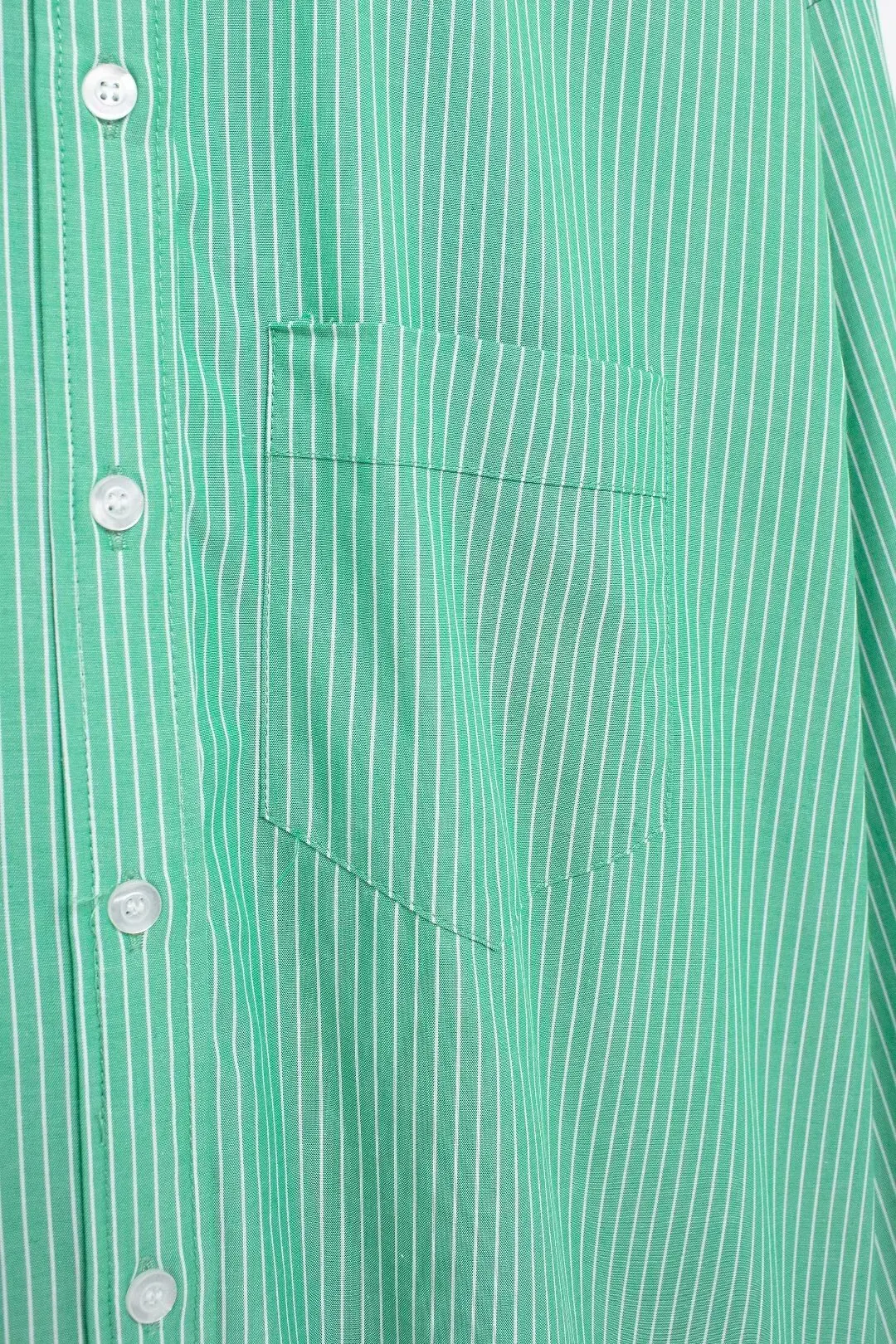 Tangada 2024 Women Green Striped Oversized Cotton Shirt Long Sleeve Female Blouse Tops 3h0602