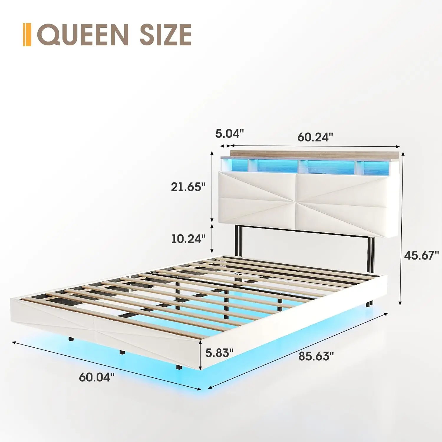 Queen Size Floating Bed Frame Metal Platform Bed with Storage Headboard, USB Charging Station, LED Lights, Beige