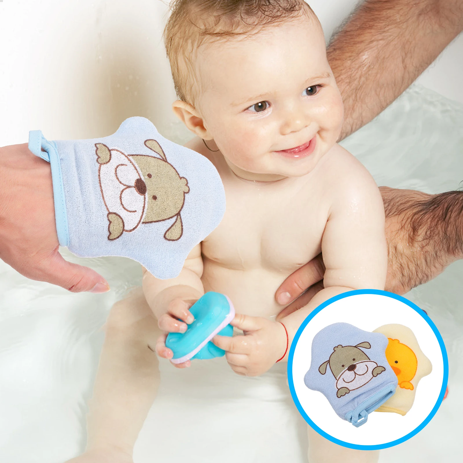 

2pcs Cotton Baby Bath Sponge Gloves Adorable Cartoon Star Design Wall-Hanging Scrub Gloves For Newborn Bathing Travel Use Body
